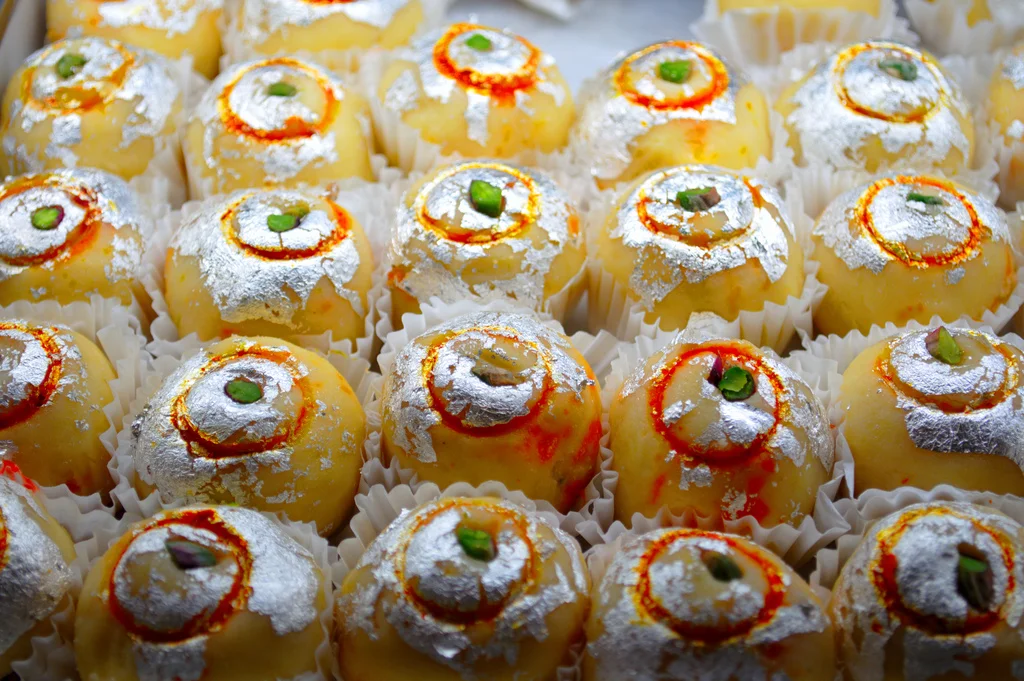 Traditional pure satvik sweets assortment prepared with pure desi ghee for Navratri fasting and temple offerings